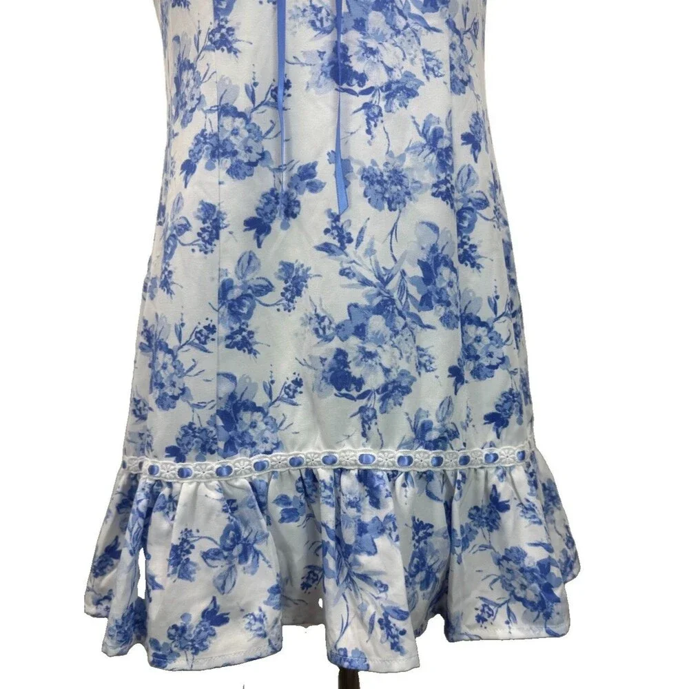 Altar'd State Floral Bow Dress Med White Blue Babydoll Short Ruffle Sweetheart - Picture 4 of 12